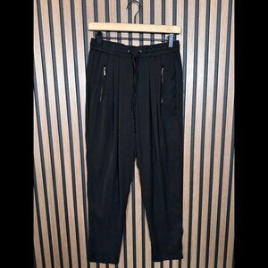 Zara Pants Small Womens Black Pleated Drawstring Elastic Waist Pocket Zip Poly